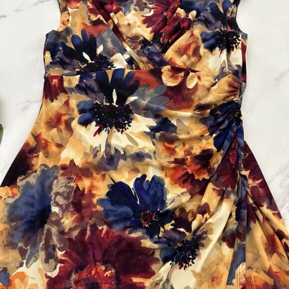 Lauren Ralph Lauren Draped Sheath Dress Size 12 Petite Yellow Blue Floral - Picture 3 of 9